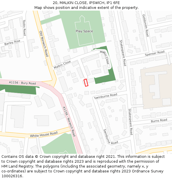 20, MALKIN CLOSE, IPSWICH, IP1 6FE: Location map and indicative extent of plot