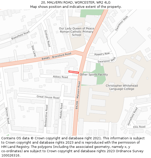 20, MALVERN ROAD, WORCESTER, WR2 4LG: Location map and indicative extent of plot