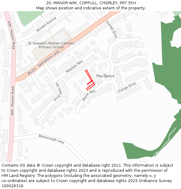 20, MANOR WAY, COPPULL, CHORLEY, PR7 5FH: Location map and indicative extent of plot