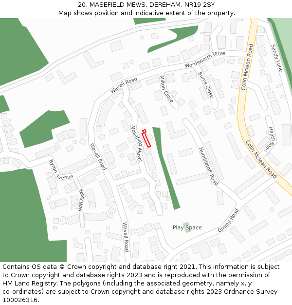 20, MASEFIELD MEWS, DEREHAM, NR19 2SY: Location map and indicative extent of plot