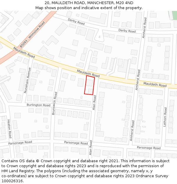 20, MAULDETH ROAD, MANCHESTER, M20 4ND: Location map and indicative extent of plot