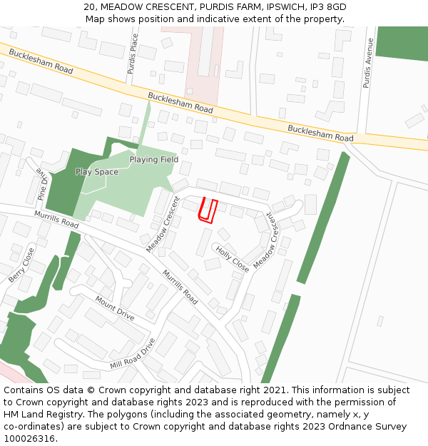 20, MEADOW CRESCENT, PURDIS FARM, IPSWICH, IP3 8GD: Location map and indicative extent of plot