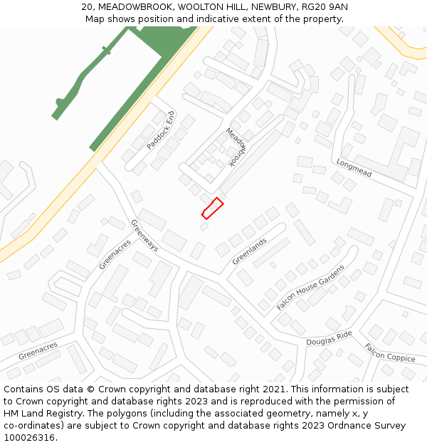 20, MEADOWBROOK, WOOLTON HILL, NEWBURY, RG20 9AN: Location map and indicative extent of plot