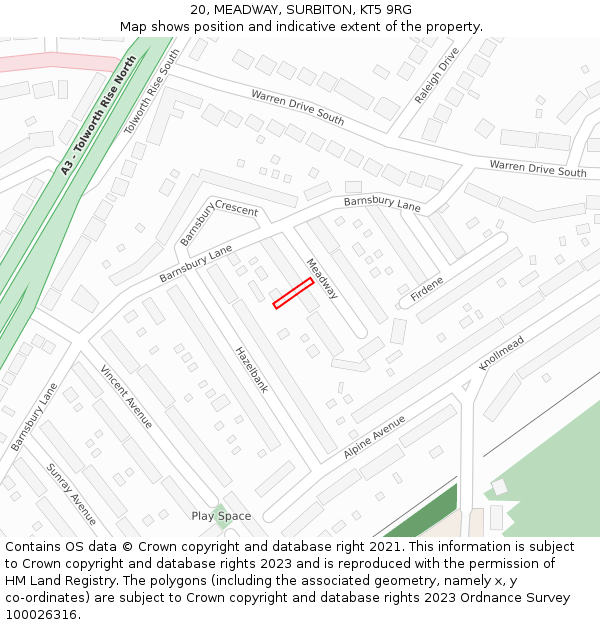 20, MEADWAY, SURBITON, KT5 9RG: Location map and indicative extent of plot