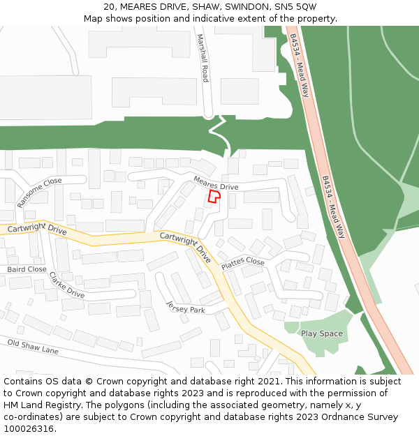 20, MEARES DRIVE, SHAW, SWINDON, SN5 5QW: Location map and indicative extent of plot
