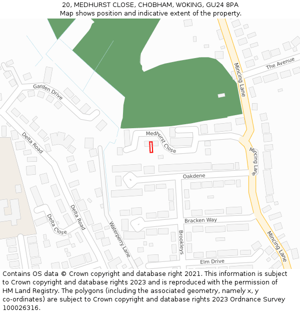 20, MEDHURST CLOSE, CHOBHAM, WOKING, GU24 8PA: Location map and indicative extent of plot