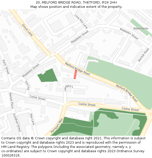 20, MELFORD BRIDGE ROAD, THETFORD, IP24 2HH: Location map and indicative extent of plot