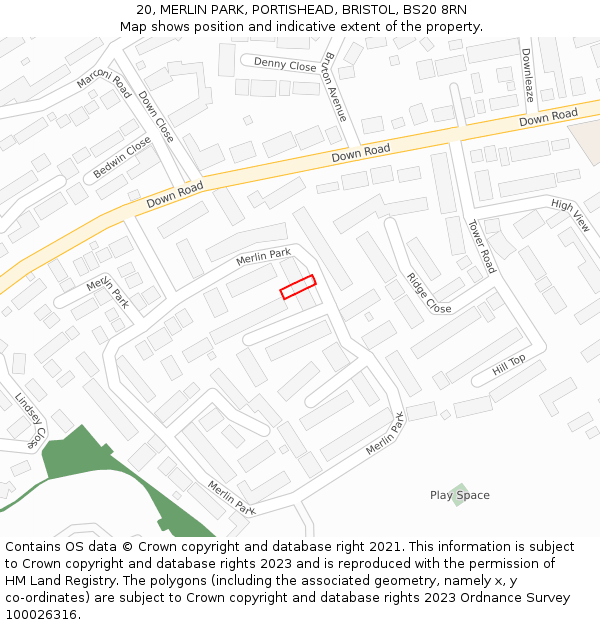 20, MERLIN PARK, PORTISHEAD, BRISTOL, BS20 8RN: Location map and indicative extent of plot