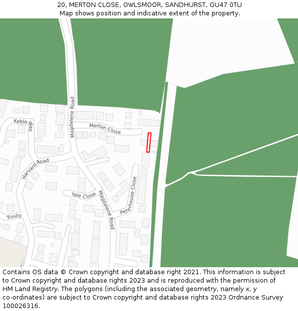 20, MERTON CLOSE, OWLSMOOR, SANDHURST, GU47 0TU: Location map and indicative extent of plot