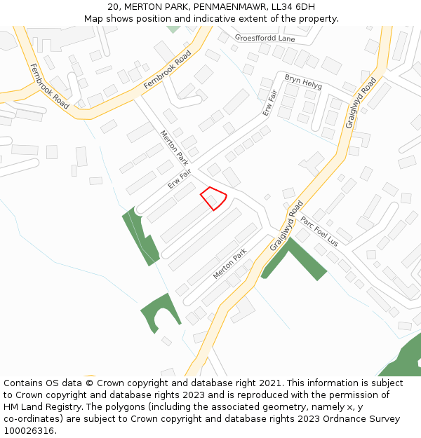 20, MERTON PARK, PENMAENMAWR, LL34 6DH: Location map and indicative extent of plot