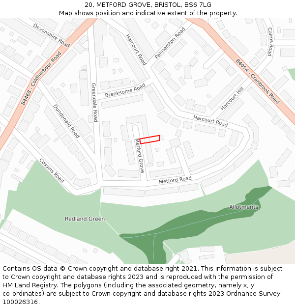 20, METFORD GROVE, BRISTOL, BS6 7LG: Location map and indicative extent of plot