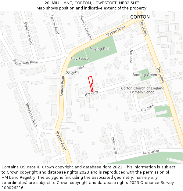 20, MILL LANE, CORTON, LOWESTOFT, NR32 5HZ: Location map and indicative extent of plot