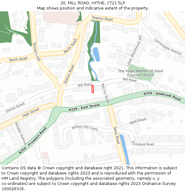 20, MILL ROAD, HYTHE, CT21 5LP: Location map and indicative extent of plot
