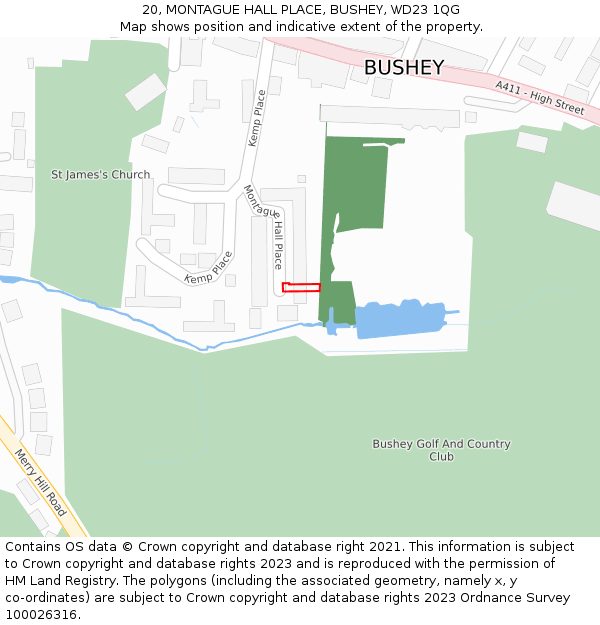 20, MONTAGUE HALL PLACE, BUSHEY, WD23 1QG: Location map and indicative extent of plot
