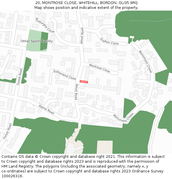 20, MONTROSE CLOSE, WHITEHILL, BORDON, GU35 9RQ: Location map and indicative extent of plot