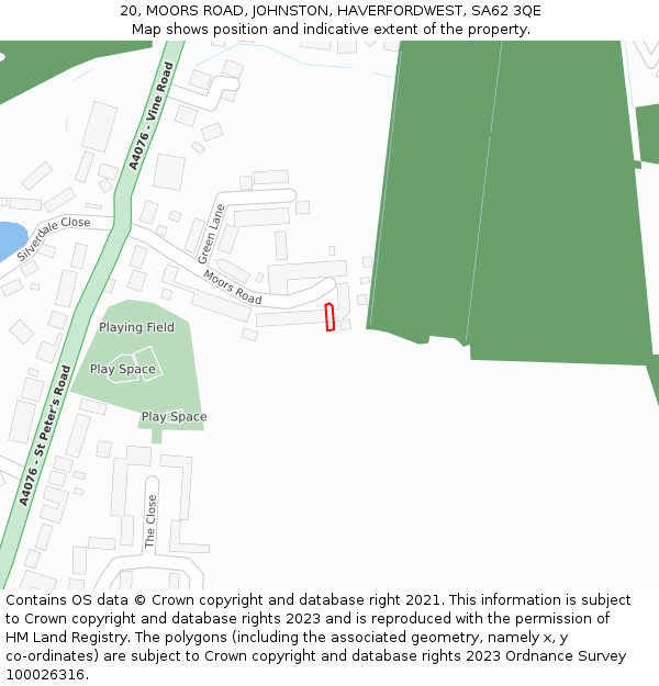 20, MOORS ROAD, JOHNSTON, HAVERFORDWEST, SA62 3QE: Location map and indicative extent of plot