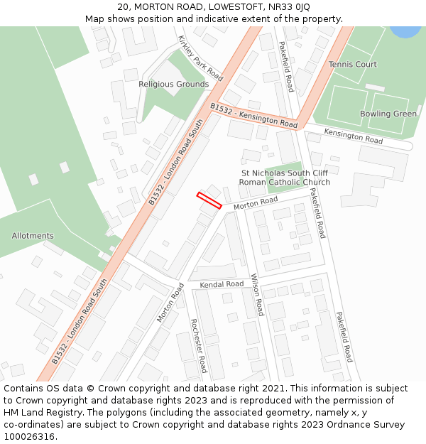 20, MORTON ROAD, LOWESTOFT, NR33 0JQ: Location map and indicative extent of plot