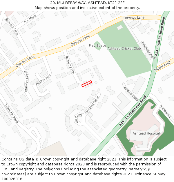 20, MULBERRY WAY, ASHTEAD, KT21 2FE: Location map and indicative extent of plot