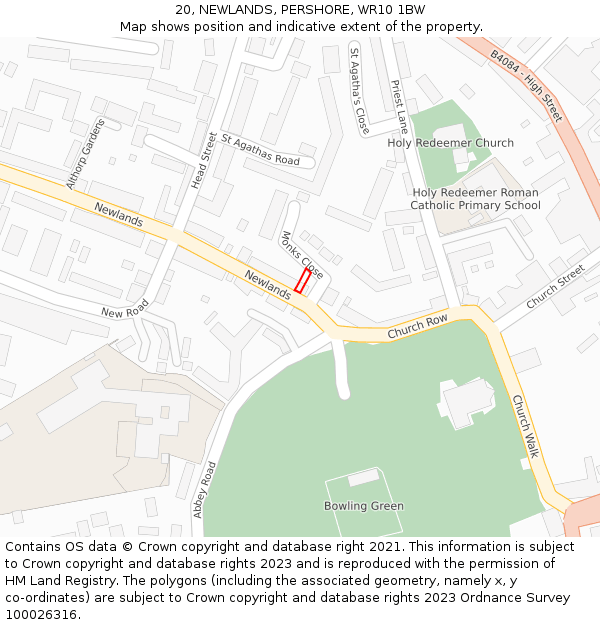 20, NEWLANDS, PERSHORE, WR10 1BW: Location map and indicative extent of plot