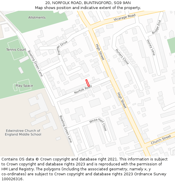 20, NORFOLK ROAD, BUNTINGFORD, SG9 9AN: Location map and indicative extent of plot