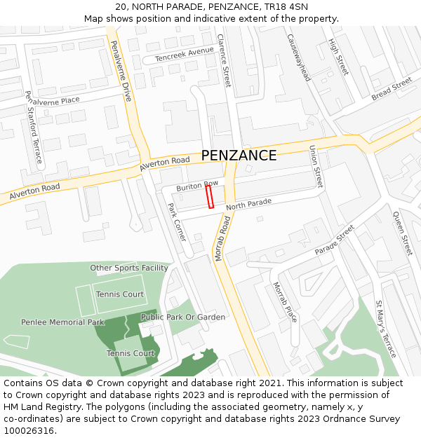 20, NORTH PARADE, PENZANCE, TR18 4SN: Location map and indicative extent of plot