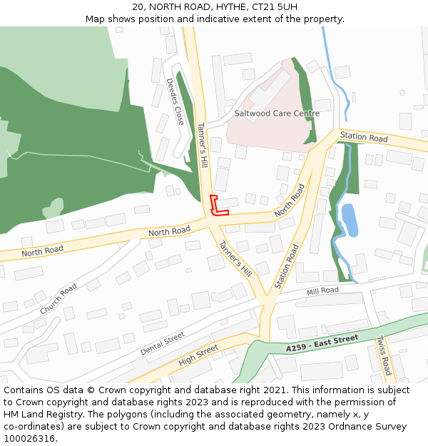 20, NORTH ROAD, HYTHE, CT21 5UH: Location map and indicative extent of plot