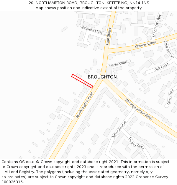 20, NORTHAMPTON ROAD, BROUGHTON, KETTERING, NN14 1NS: Location map and indicative extent of plot