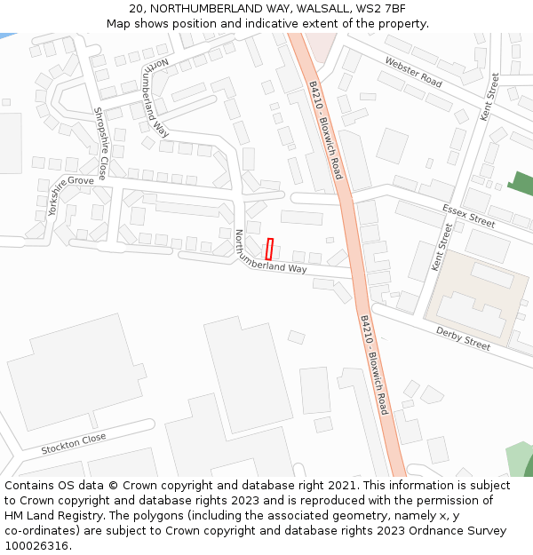 20, NORTHUMBERLAND WAY, WALSALL, WS2 7BF: Location map and indicative extent of plot