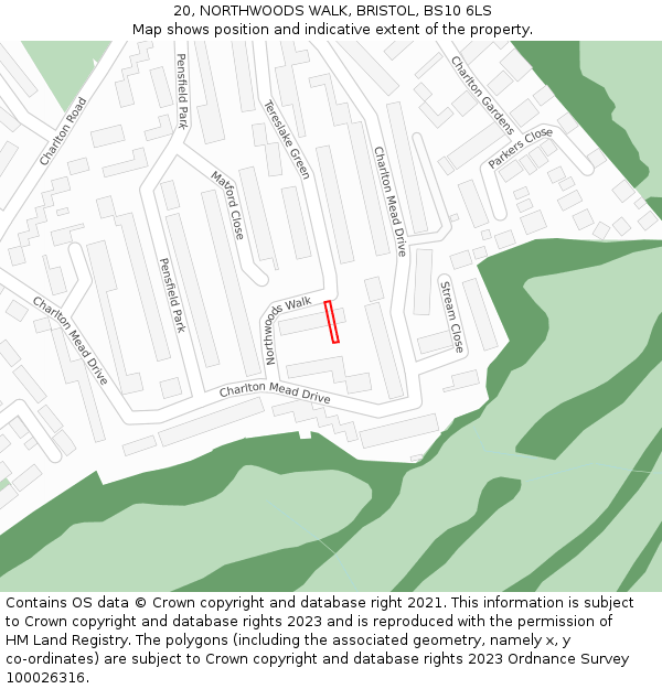 20, NORTHWOODS WALK, BRISTOL, BS10 6LS: Location map and indicative extent of plot