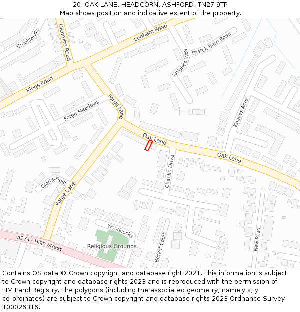 20, OAK LANE, HEADCORN, ASHFORD, TN27 9TP: Location map and indicative extent of plot