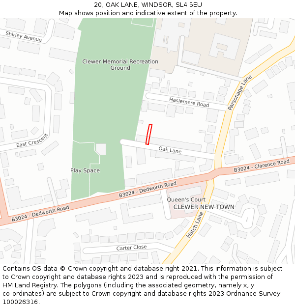 20, OAK LANE, WINDSOR, SL4 5EU: Location map and indicative extent of plot