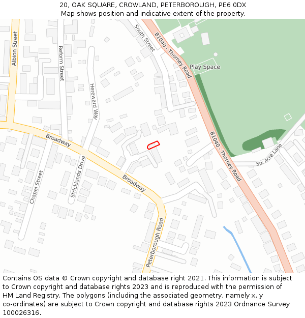 20, OAK SQUARE, CROWLAND, PETERBOROUGH, PE6 0DX: Location map and indicative extent of plot