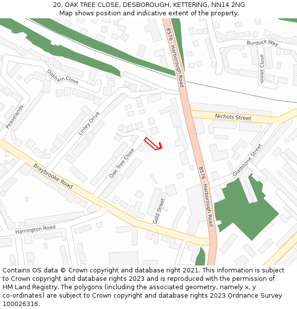 20, OAK TREE CLOSE, DESBOROUGH, KETTERING, NN14 2NG: Location map and indicative extent of plot