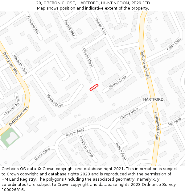 20, OBERON CLOSE, HARTFORD, HUNTINGDON, PE29 1TB: Location map and indicative extent of plot
