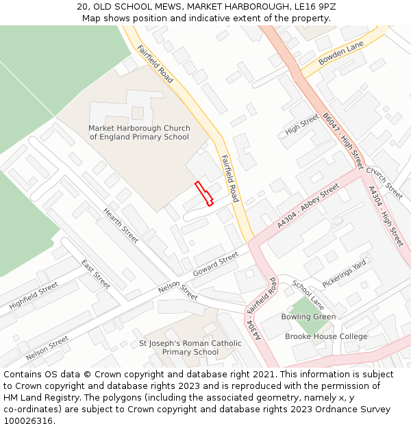 20, OLD SCHOOL MEWS, MARKET HARBOROUGH, LE16 9PZ: Location map and indicative extent of plot