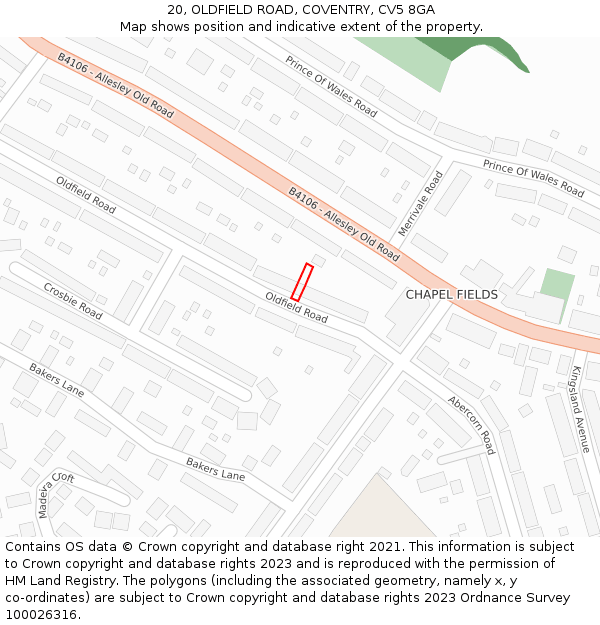 20, OLDFIELD ROAD, COVENTRY, CV5 8GA: Location map and indicative extent of plot