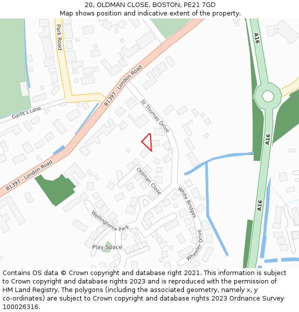20, OLDMAN CLOSE, BOSTON, PE21 7GD: Location map and indicative extent of plot