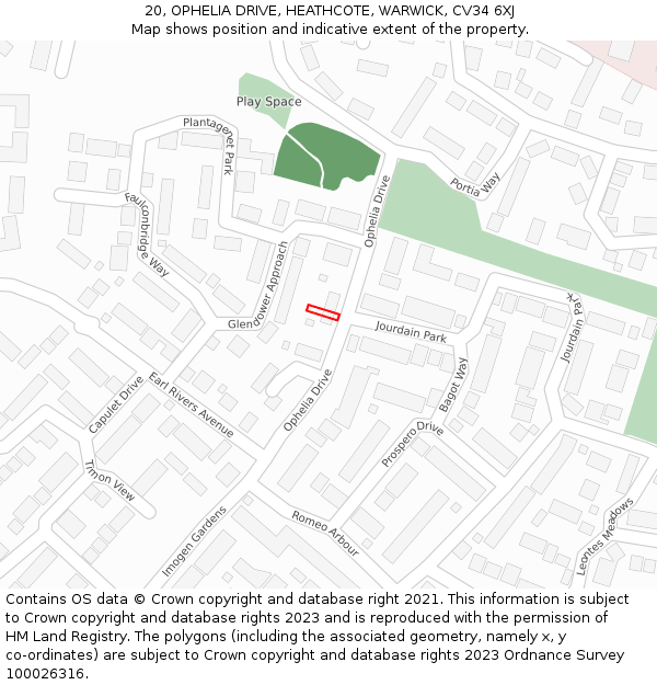 20, OPHELIA DRIVE, HEATHCOTE, WARWICK, CV34 6XJ: Location map and indicative extent of plot