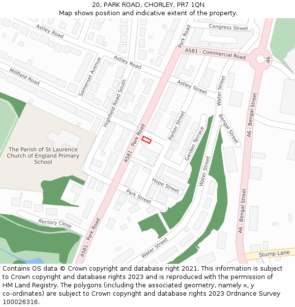 20, PARK ROAD, CHORLEY, PR7 1QN: Location map and indicative extent of plot