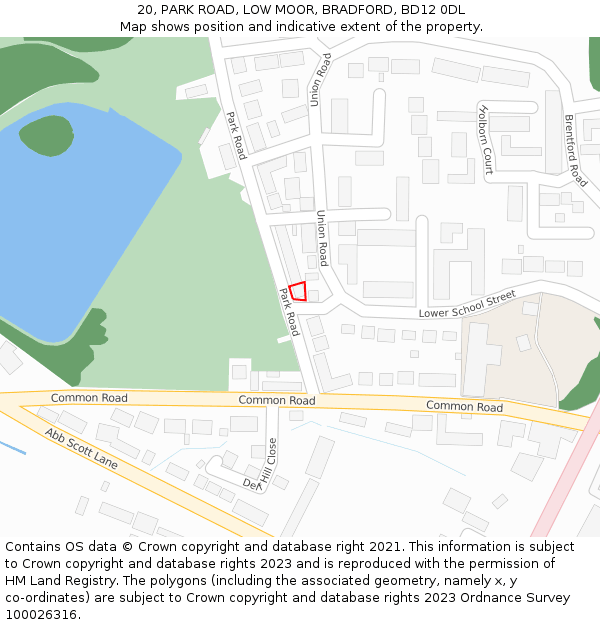 20, PARK ROAD, LOW MOOR, BRADFORD, BD12 0DL: Location map and indicative extent of plot