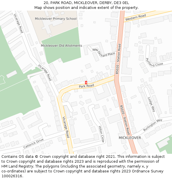 20, PARK ROAD, MICKLEOVER, DERBY, DE3 0EL: Location map and indicative extent of plot