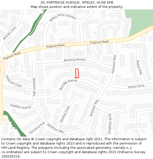 20, PARTRIDGE AVENUE, YATELEY, GU46 6PB: Location map and indicative extent of plot