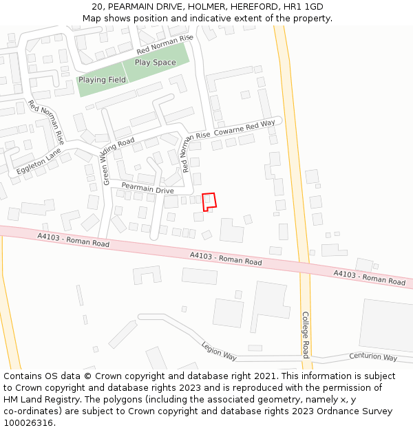 20, PEARMAIN DRIVE, HOLMER, HEREFORD, HR1 1GD: Location map and indicative extent of plot