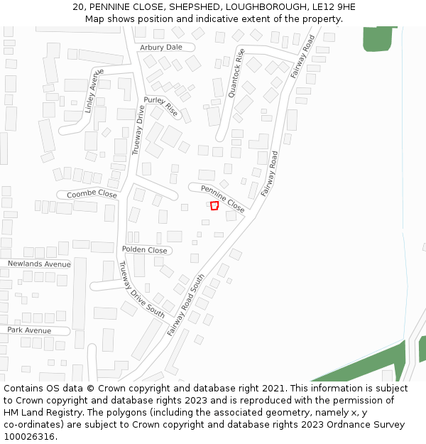20, PENNINE CLOSE, SHEPSHED, LOUGHBOROUGH, LE12 9HE: Location map and indicative extent of plot