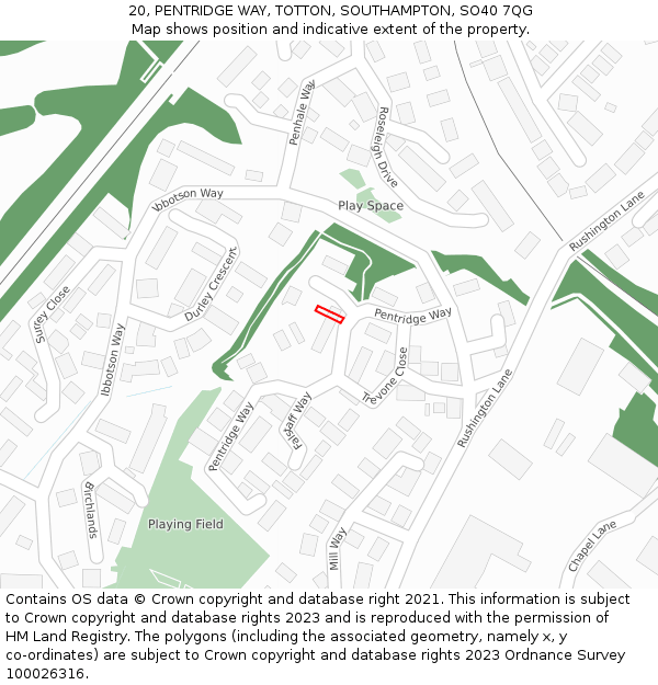 20, PENTRIDGE WAY, TOTTON, SOUTHAMPTON, SO40 7QG: Location map and indicative extent of plot