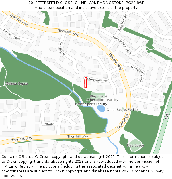 20, PETERSFIELD CLOSE, CHINEHAM, BASINGSTOKE, RG24 8WP: Location map and indicative extent of plot
