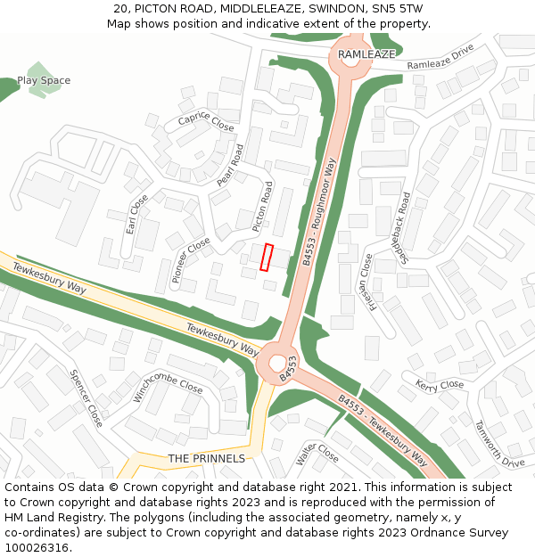 20, PICTON ROAD, MIDDLELEAZE, SWINDON, SN5 5TW: Location map and indicative extent of plot