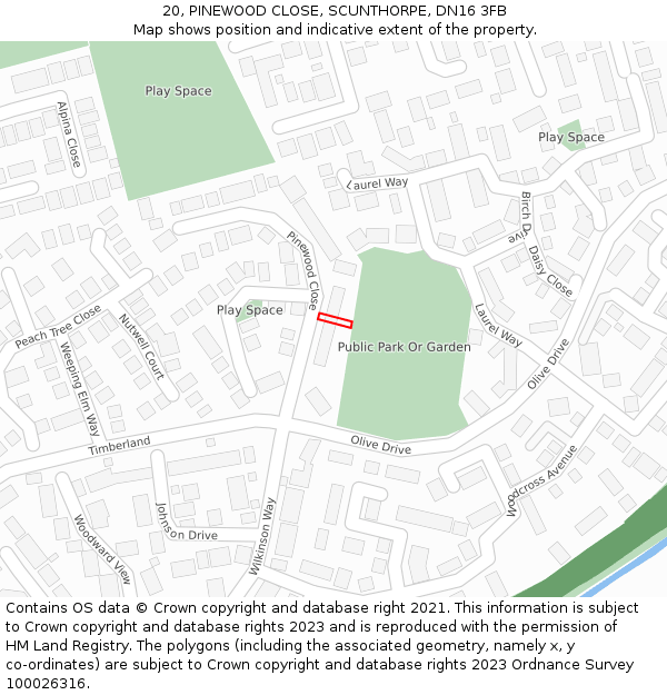 20, PINEWOOD CLOSE, SCUNTHORPE, DN16 3FB: Location map and indicative extent of plot