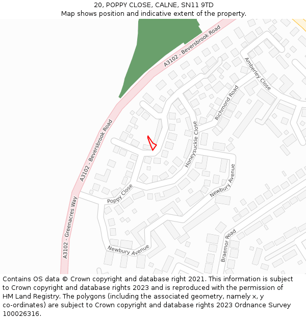 20, POPPY CLOSE, CALNE, SN11 9TD: Location map and indicative extent of plot