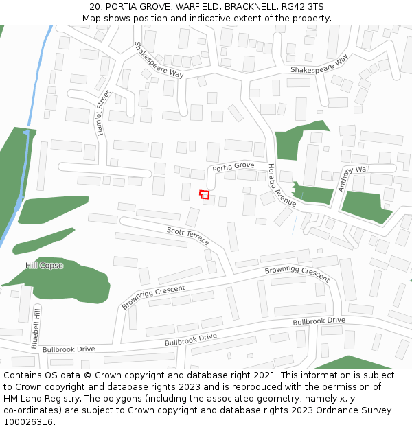 20, PORTIA GROVE, WARFIELD, BRACKNELL, RG42 3TS: Location map and indicative extent of plot